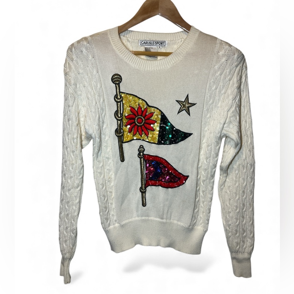 Carlisle Sport Cream Cable Knit Sweater Sequin‎ 100% Cotton Flag Motif S Vintage